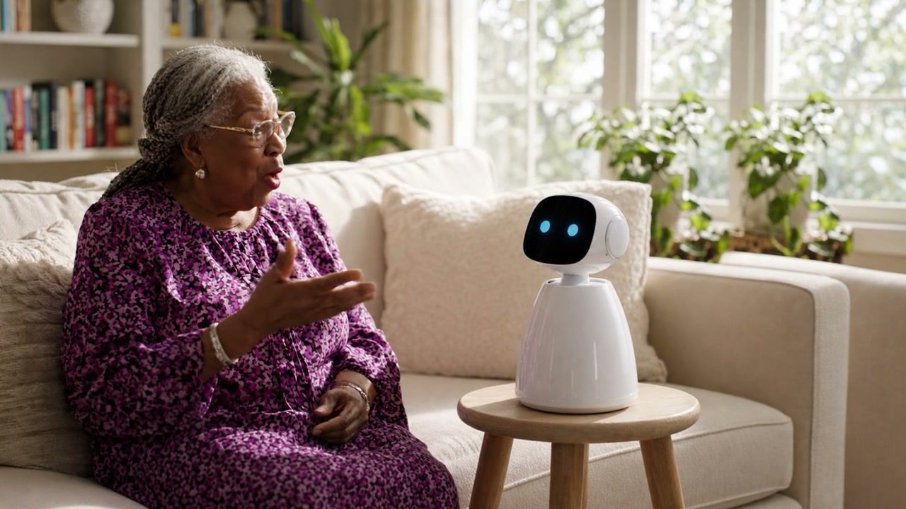 An older woman talking with Serra in her living room