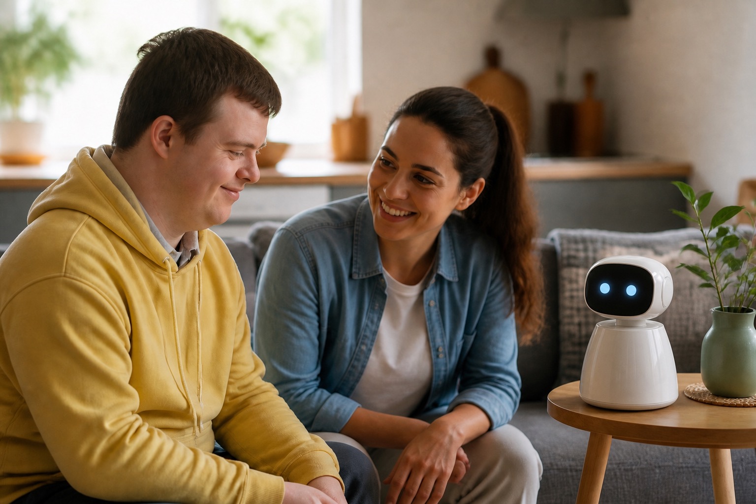 A young man and his support worker at home with Serra