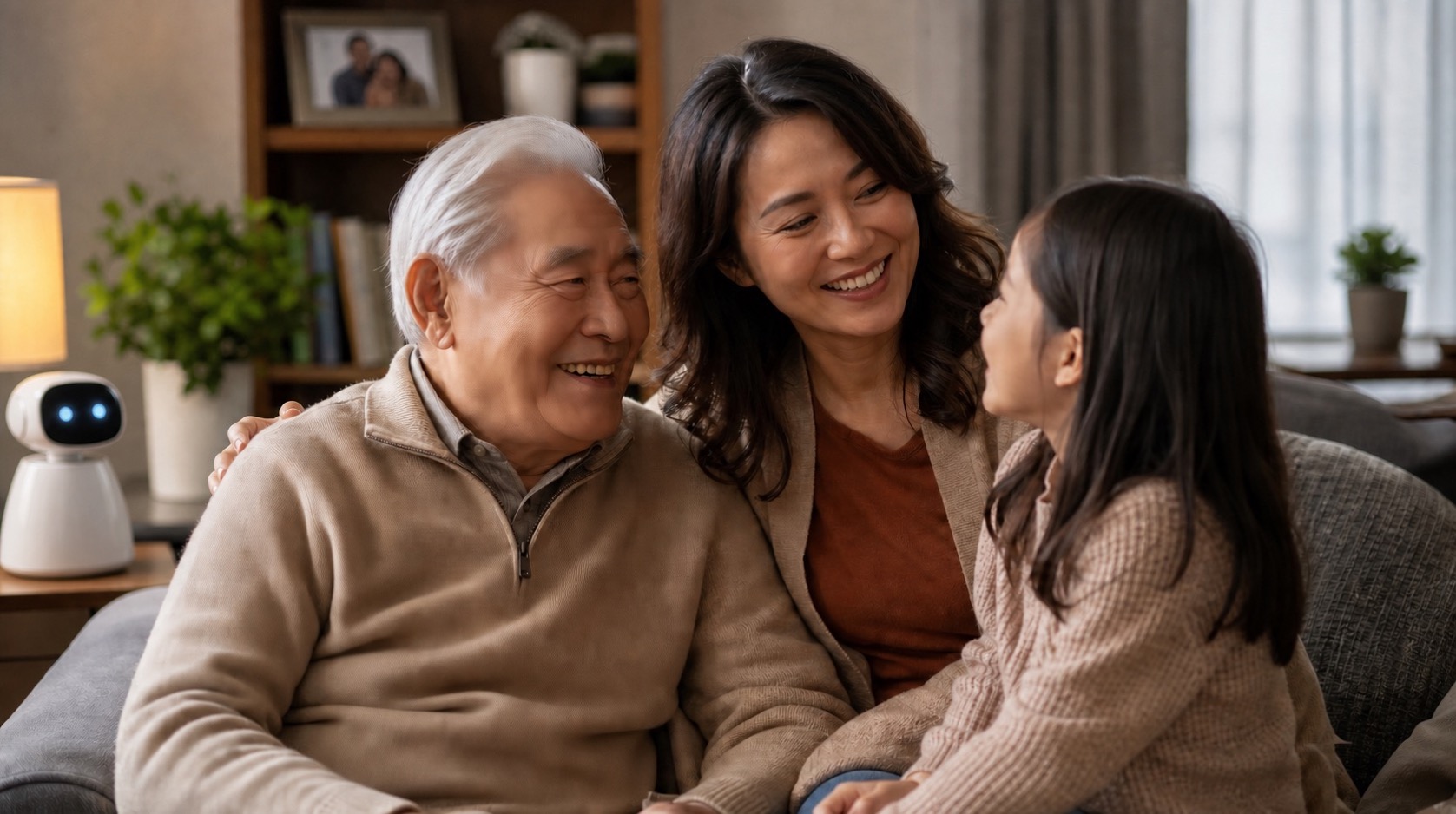 Three generations of a family visiting their grandfather