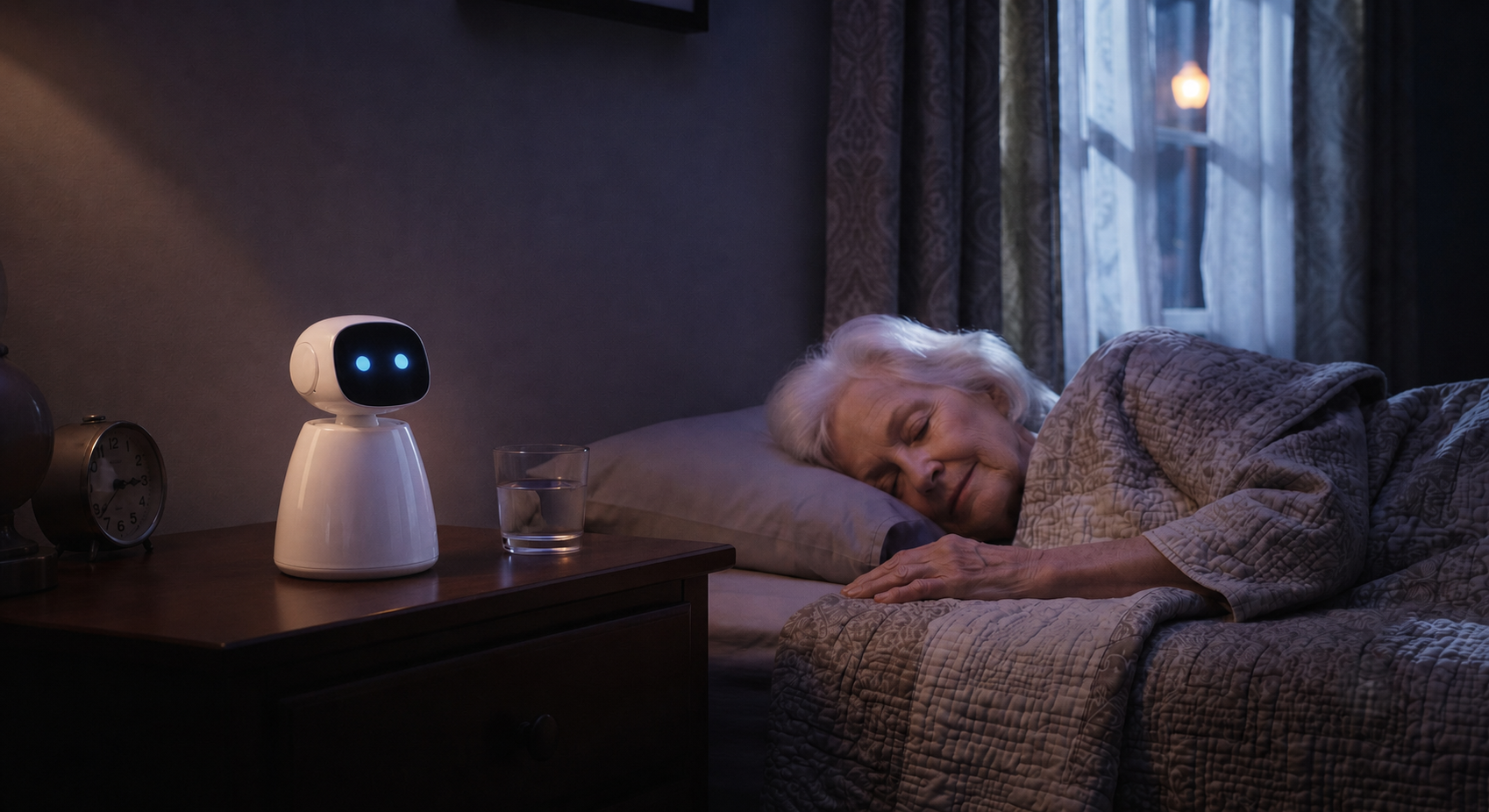 A calm bedroom scene with a companion robot beside an older adult